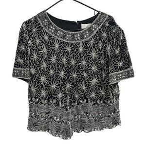 Papell Boutique Evening Beaded Silk Floral Top XL Black Silver Glam Art Deco
